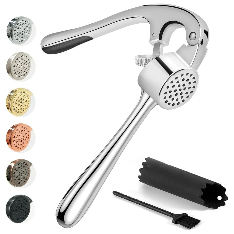 Kitessensu High Effective Premium Garlic Press Large, Chrome Silver – 3 Set