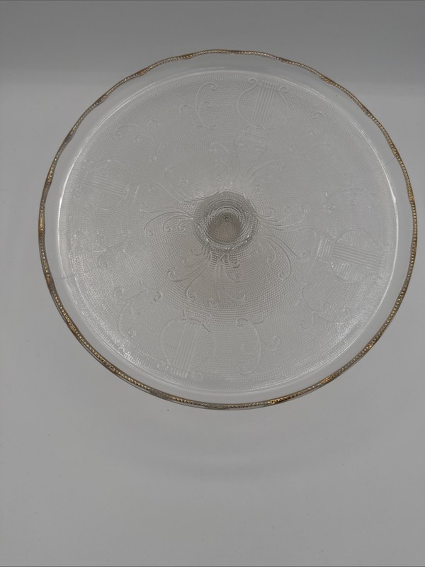 Jeanette Harp Glass Pedestal Cake Plate Stand Scalloped Edge w/Gold 10" gallery
