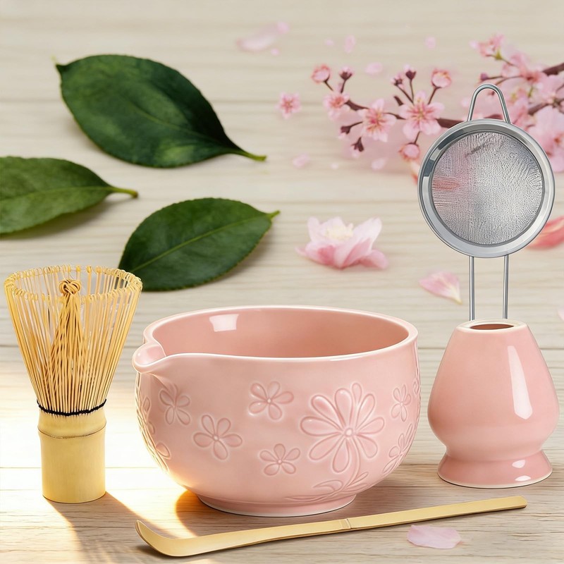 Matcha Whisk Set, Pink Ceramic Matcha Making Kit with Traditional Bamboo Whis... gallery