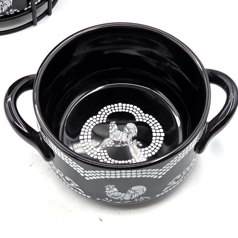 Temp-tations Doodle Doo Black Rooster Bowls with Handles Set 4 with Stand 22oz gallery