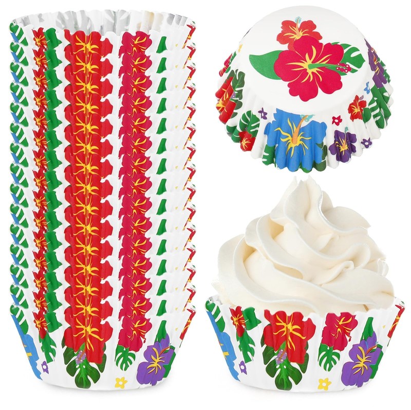 300 PCS Hawaiian Cupcake Liners, 2 x 1.2 In, Hibiscus Paper Baking Cups