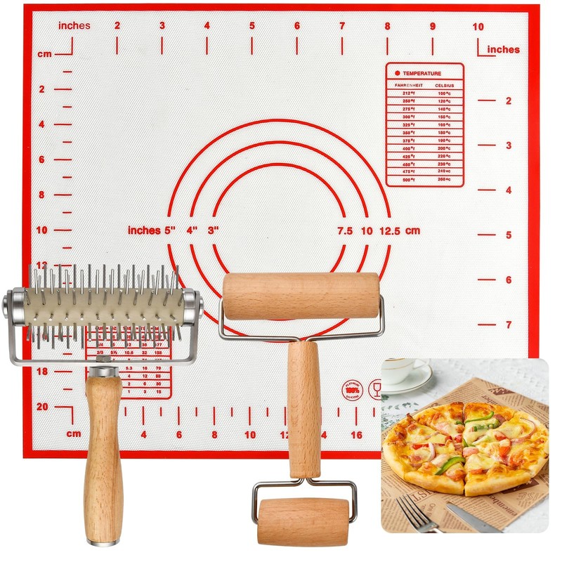 3pcs Pizza Tool Set, Include Pizza Docker, Pizza Dough Roller and Silicone Ba…