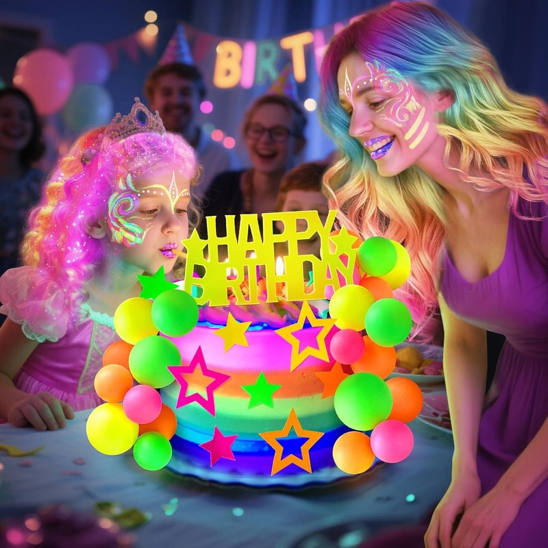 53pcs Neon Cake Decorations Glow Cake Toppers with Ball Star and Happy Birthday gallery