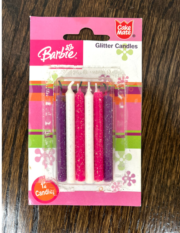 BARBIE Glitter Candles 12 Pink White Purple Cake Mate Original box some used