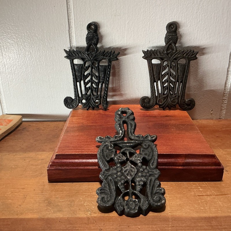 Lot of 3 Vintage Cast Iron Trivets – Ornate Designs, One Marked Wilton