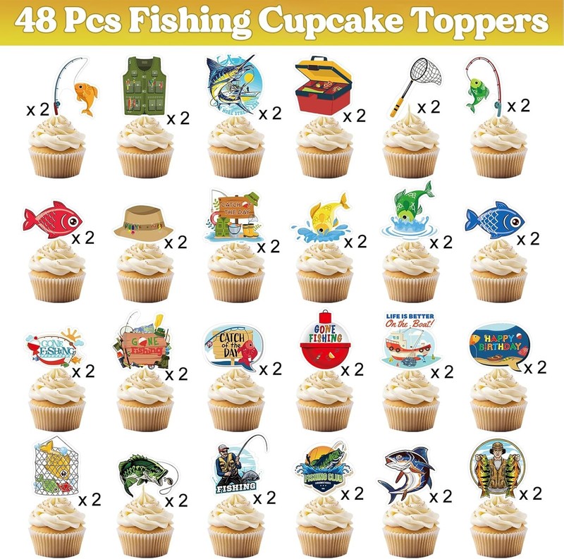48 Pcs Fishing Cupcake Toppers - Upgrade Designed Birthday Party Cupcake Picks gallery