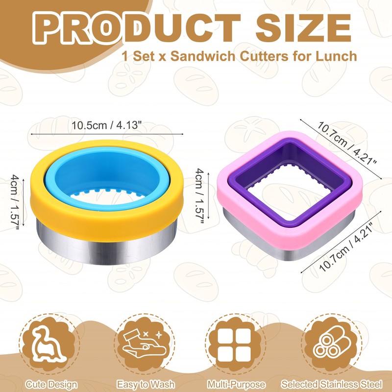 2 Pcs Sandwich Cutter and Sealer Square Round Shape, Purple/Pink/Blue/Yellow gallery