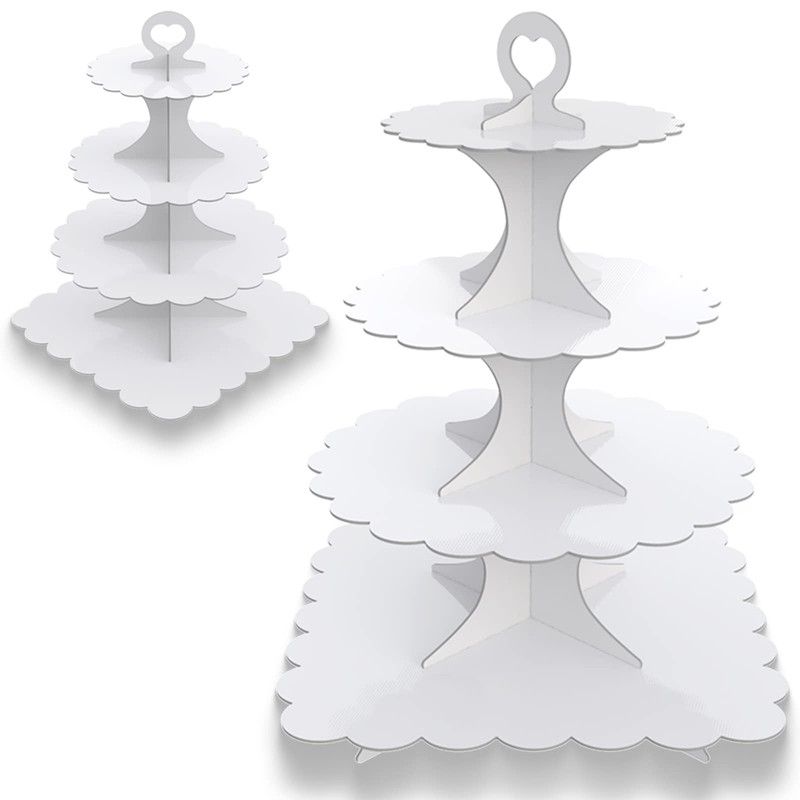 4-Tier Round & Square Cupcake Stand, 2-Pack White – Sturdy Disposable Cardboa…