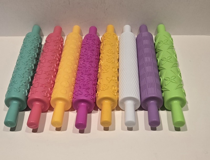 8 Plastic Embossed Fondant Textured Rolling Pins Pro Cake Decorating Set Pastry