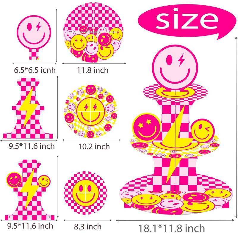 3 Tier Smile Face Cupcake Stand for Preppy Birthday Party Decoration Pink Yel... gallery
