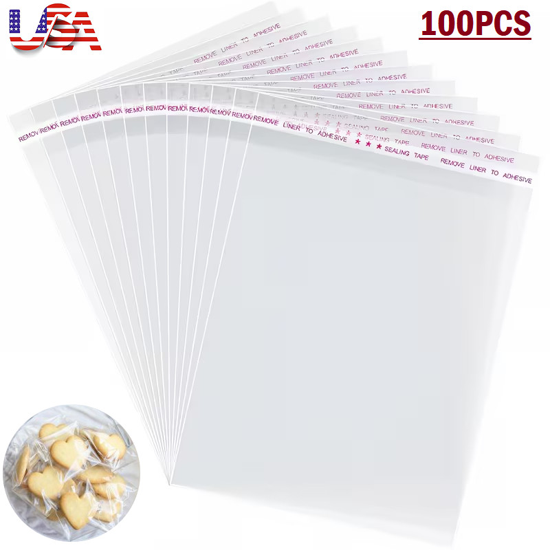 100Pcs Clear Resealable Self Sealing Cello Cellophane Bags Plastic OPP Poly Bags