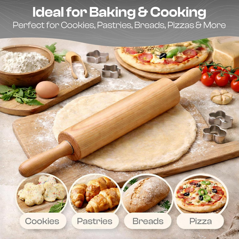 Wooden Rolling Pin 17.6 Inch with Rotating Ergonomic Handles – Classic Beech Woo gallery