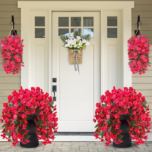 Artificial Fake Hanging Flowers Plants for Outdoor Outside 2Pcs Rose Red gallery