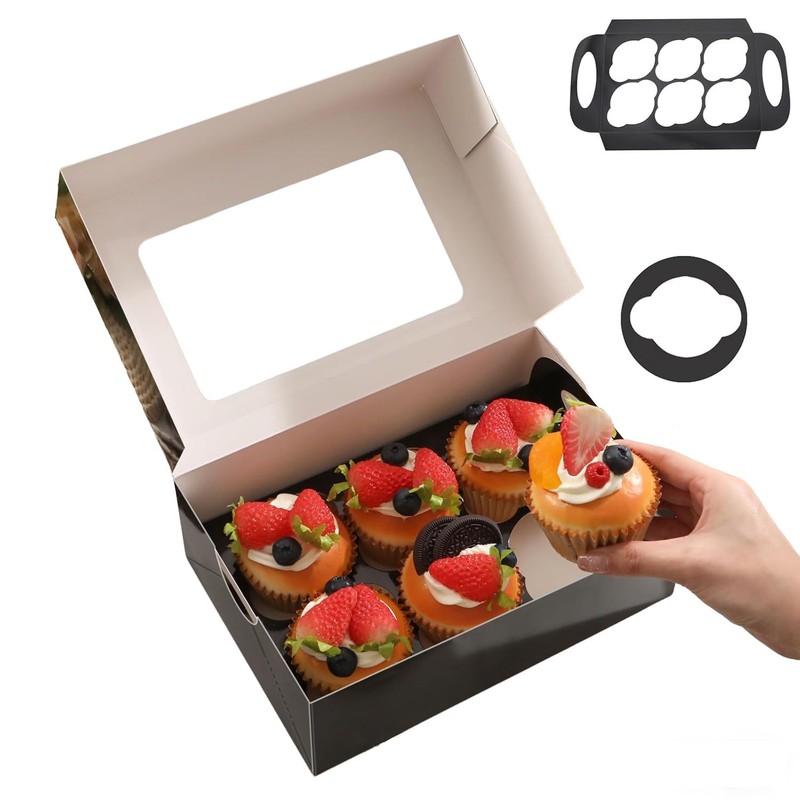 25 Black Cupcake Boxes, Mother’s Day Cupcake Boxes 6 Count with Window and In…