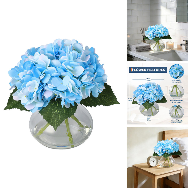 Garveehome Artificial Hydrangea Silk Flowers Realistic Faux Bouquet 5 Stem