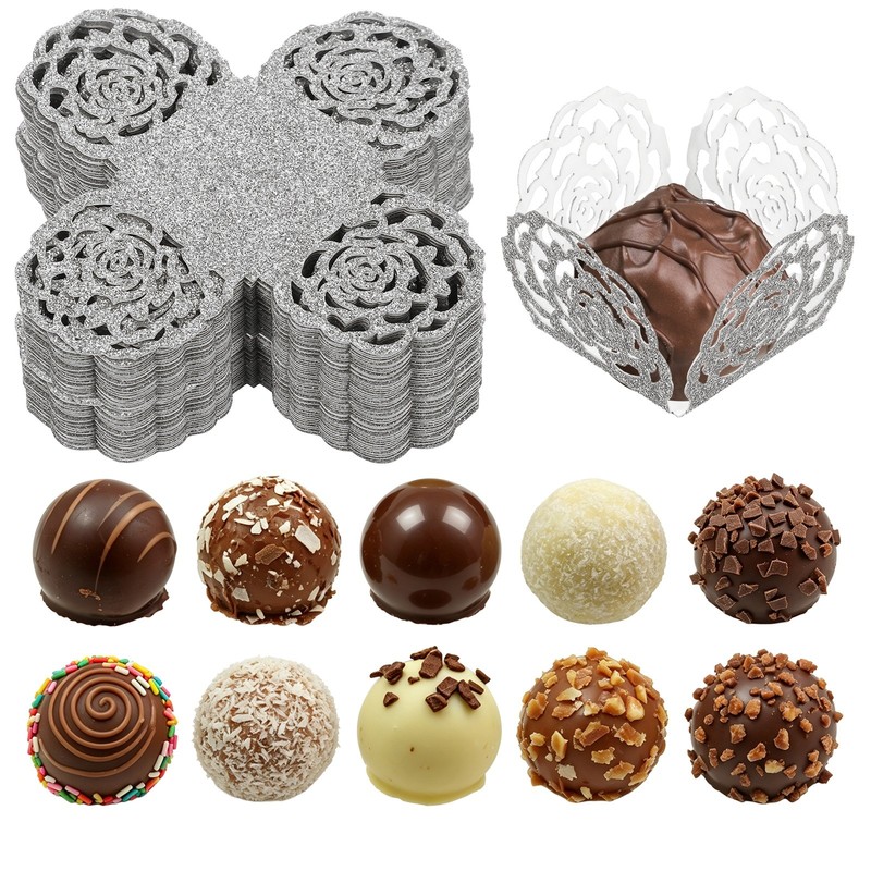 50Pcs 1.4×1.4″ Glitter Rose Truffle Wrapper Cupcake Liners for Decor, Silver