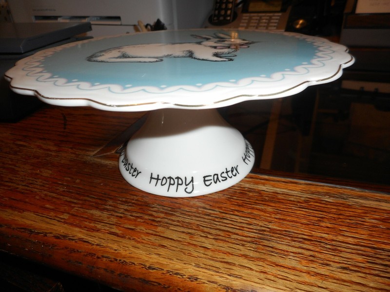Grace Porcelain Cake Pedestal Hoppy Easter Blue Bunny With Pink Bow Tie gallery