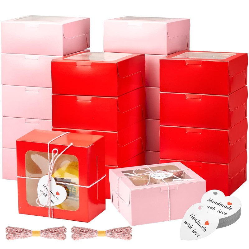 50 Pcs Mother’s Day Cookie Boxes with Window 4 x 4 x 2.8 Inch Red Pink Bakery…