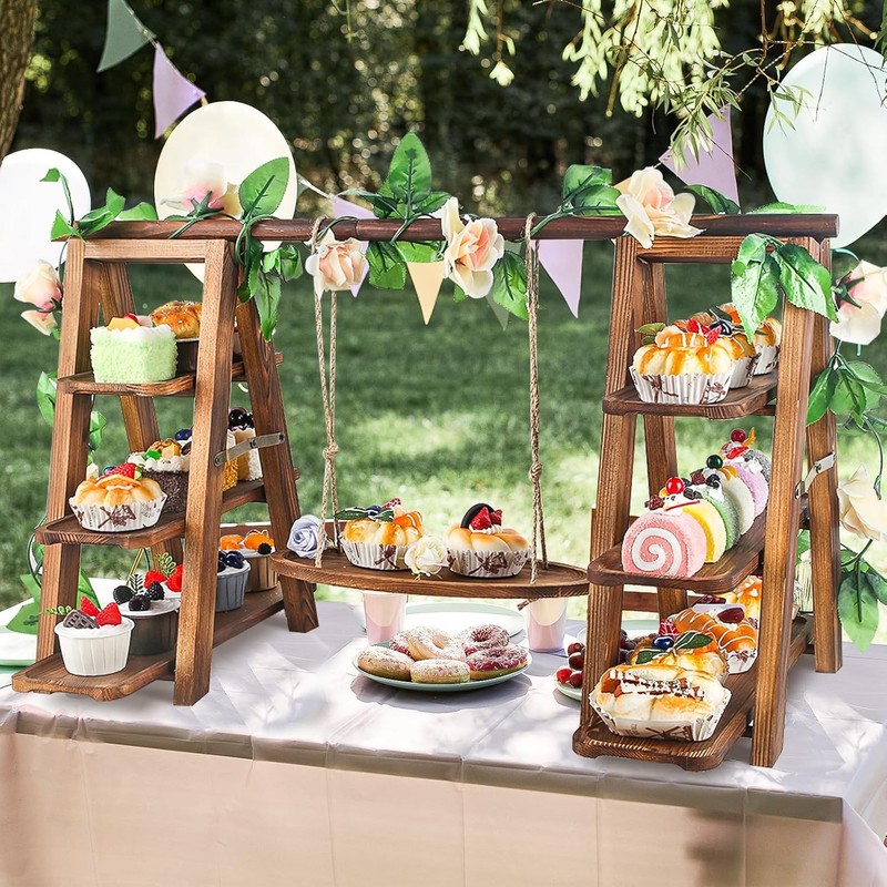 Wooden 3 Tier Cupcake Stand W/ Swing & Flower Decoration Serving Removable Tray gallery