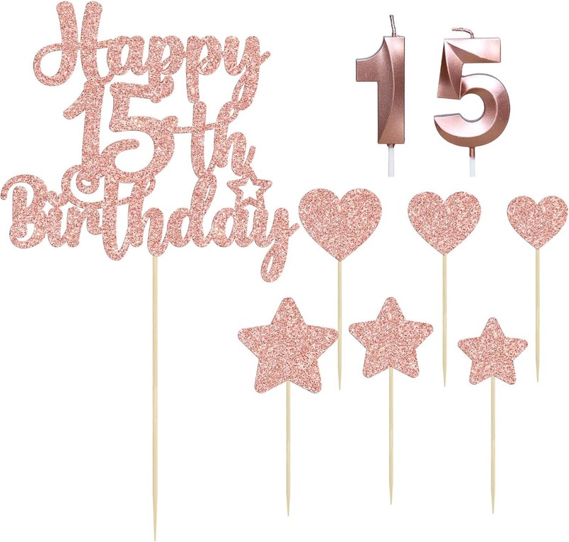 15Pcs Happy 15th Birthday Cake Topper Set with Heart Star Glitter Cheers to 15 gallery