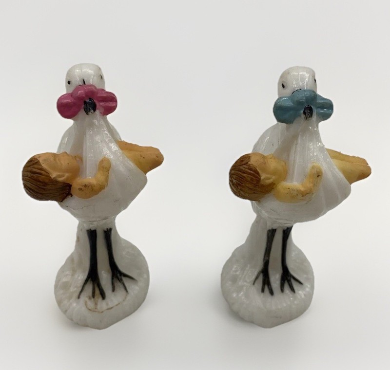 Pair Vintage 1950s Stork Cake Toppers Pink Blue Celluloid Baby Shower Retro