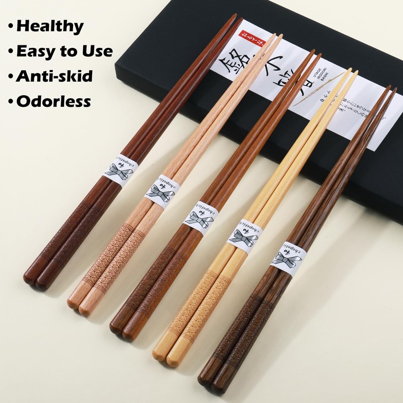 5 Pairs Reusable Chopsticks Japanese Natural Wooden Hand Carved 8.8 Inch gallery