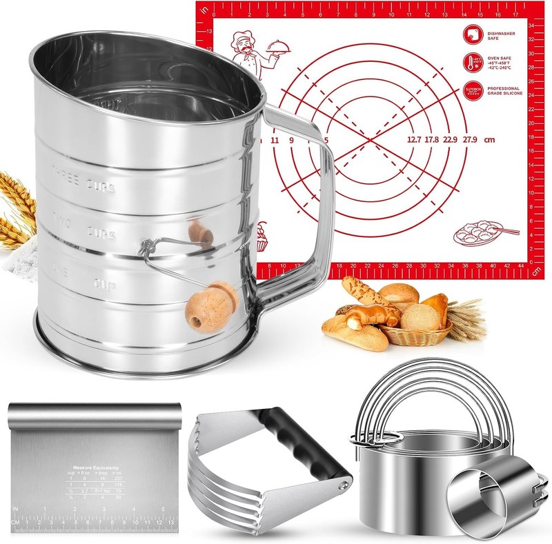9PCS Stainless Steel Pastry Blender Set, 3 Cup Flour Sifter, Biscuit Cutter,