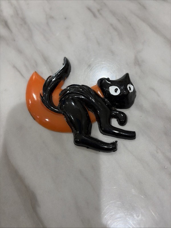 Vintage EMS Black Cat On Orange Moon Halloween Plastic Decoration 4”
