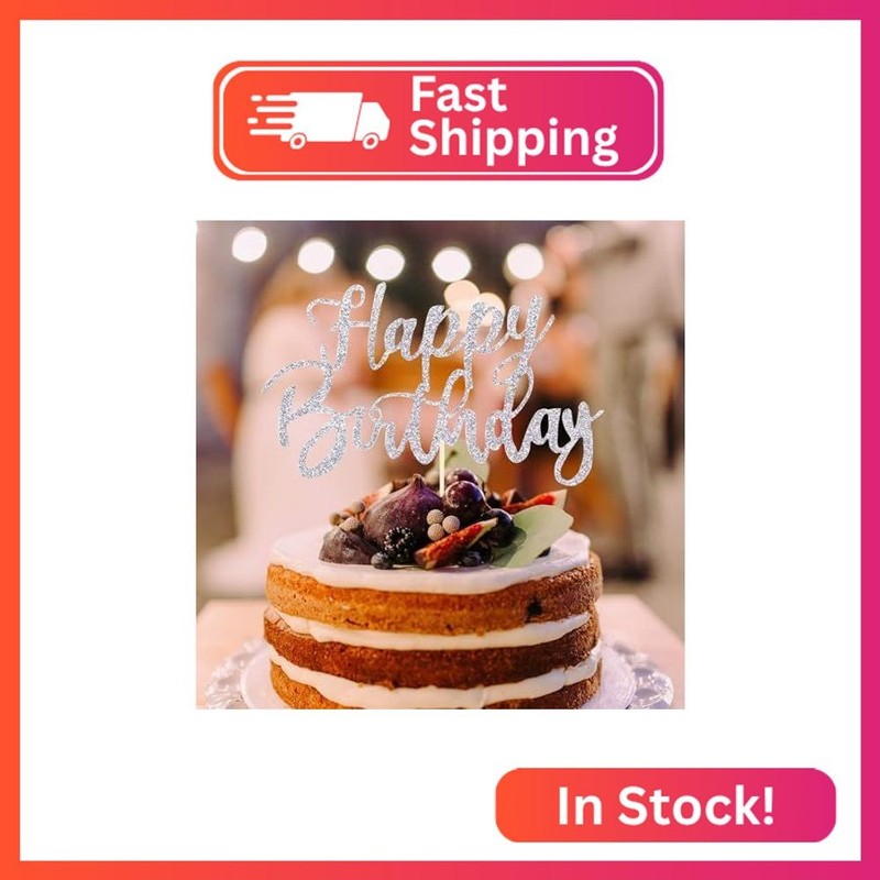 UXYOKM Silver Happy Birthday Cake Topper Glitter Happy Birthday Cake Pick for Bo gallery