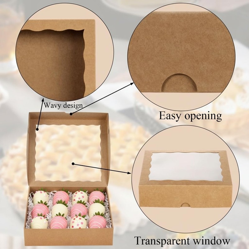 50PCS 9x9x2.5 Inches Brown Bakery Boxes with Window, Pastry for Chocolate Str... gallery