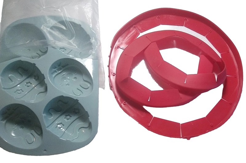 2 Silicone Pie Crust Shield Adjustable & L Chocolat Egg Mold Form 6 slot 4X2.5″