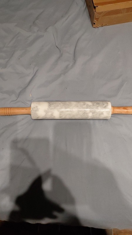 White Marble Rolling Pin with Wooden Handles and Cradle Stand