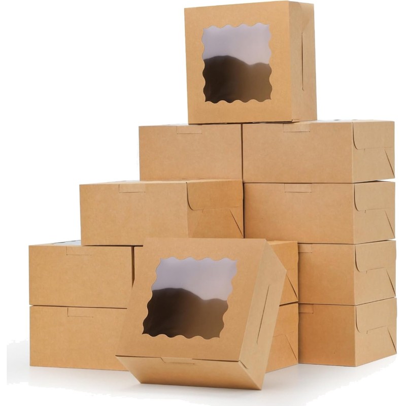 Brown Bakery Boxes with Window, 6x6x3 Inches Small Cookie Boxes for Treats, P…