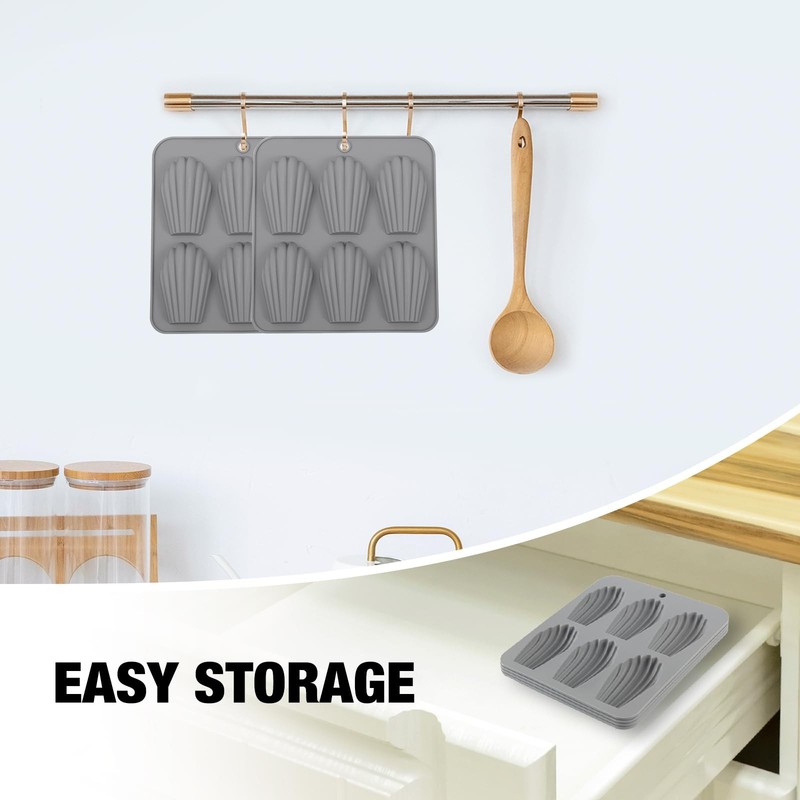 BIGOWL 4 Pack Madeleine Pans for Baking, 6 Cavity Shell Shape Standard, Gray gallery