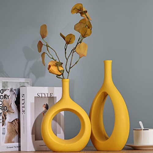 Ceramic Vase Set 2,Modern Hollow Circle with Hole Flower Vase for Home Yellow gallery