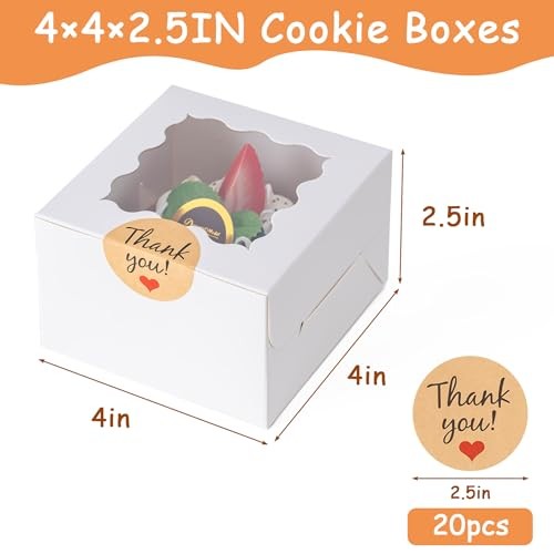 pcs Cookie Boxes with Window, 4x4x2.5 Inches Bakery Boxes with 25pcs 20 gallery
