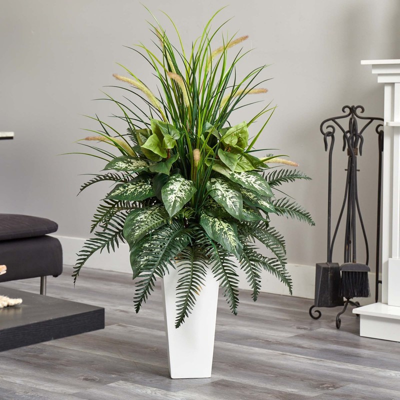 Nearly Natural Artificial White Mixed River Fern And Dogtail Plant Tower gallery