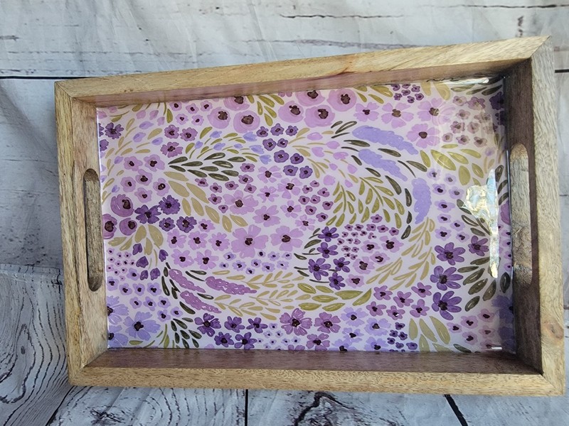 Mango Wood Lilac Purple Floral Acrylic Top Serving Tray Decrative Tray Makeup gallery