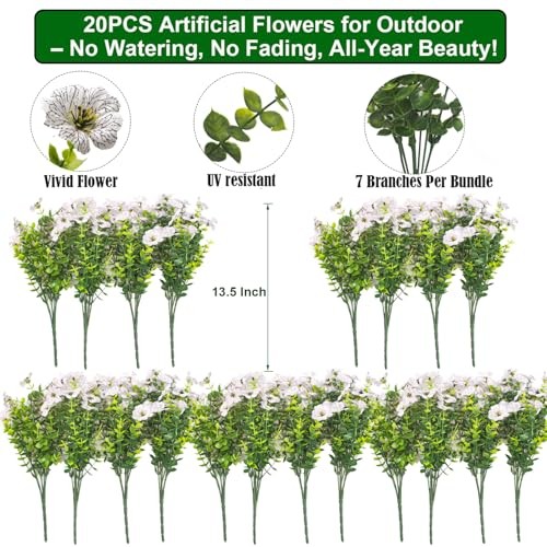 Grunyia 20 Bundles Artificial Flowers for Outdoors, UV Resistant Fake White gallery