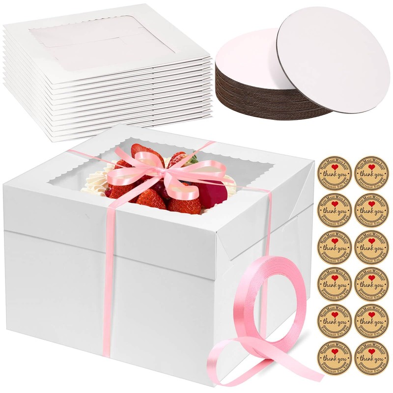 24PCS 12″ Cake Boxes with Cake Boards Stickers & Ribbon for Multi-Layer Cakes
