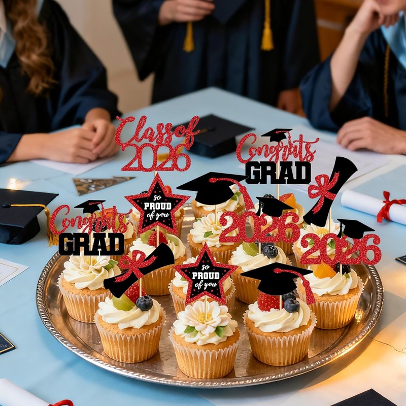 48 PCS Graduation Cupcake Toppers, Glittery 6 Styles Congrats Grad Cake Topper, gallery