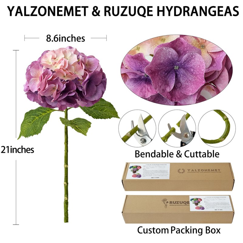 Yalzonemet 3 Pcs Pink Purple Hydrangea Artificial Flower Real Touch 21 Long gallery