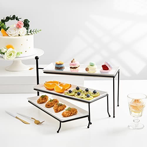 3 Tiered Serving Stand, Foldable Rectangular Food Display Stand with White gallery