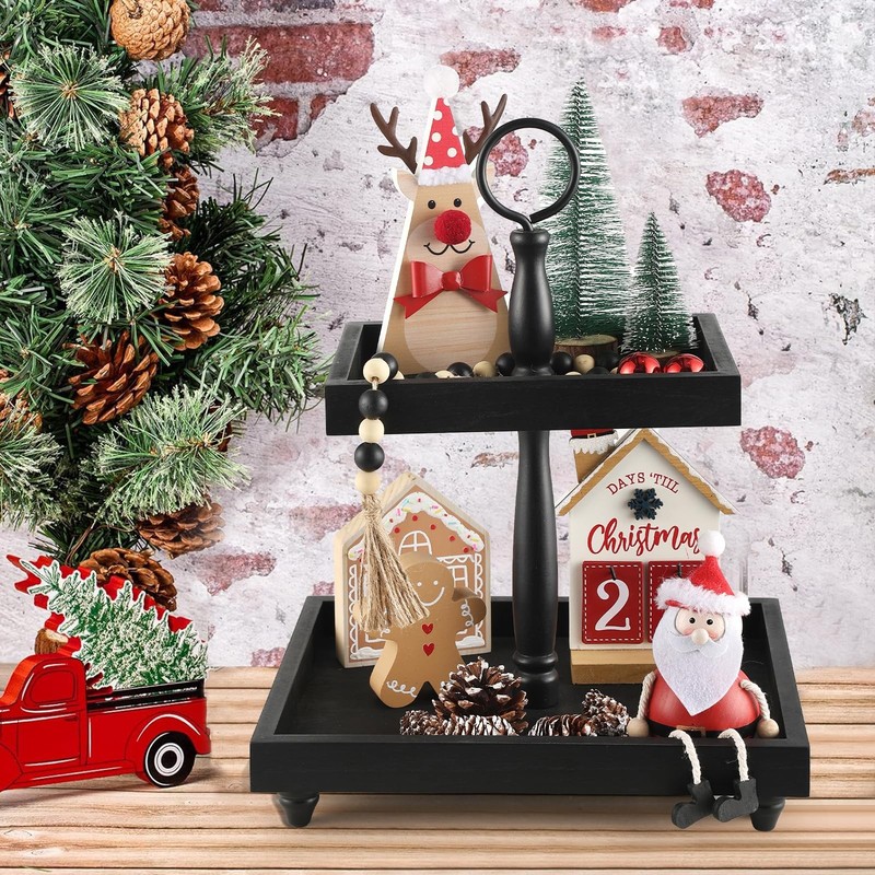 Tiered Tray Stand, Rustic Wooden 2 Tier Decorative 12.6" x x 16", Black gallery