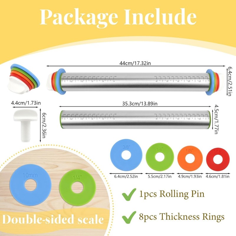 Adjustable Rolling Pin with 4 Thickness Rings for Baking, 17” Stainless Steel... gallery