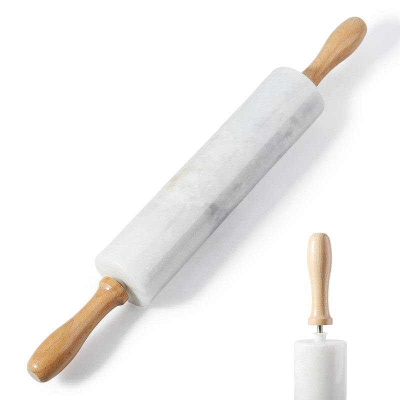 Marble Rolling Pin With Wooden Handles & Wood Cradle, 18 Inch Polished Marble…