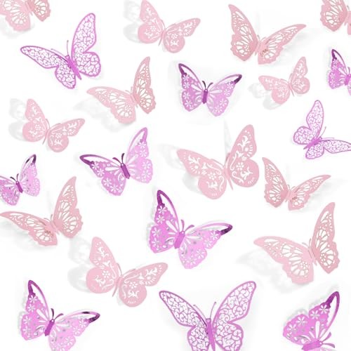48 Pcs Butterfly Decorations, 4 Styles 3 Sizes, Wall Decor, 3D Pink and Purple