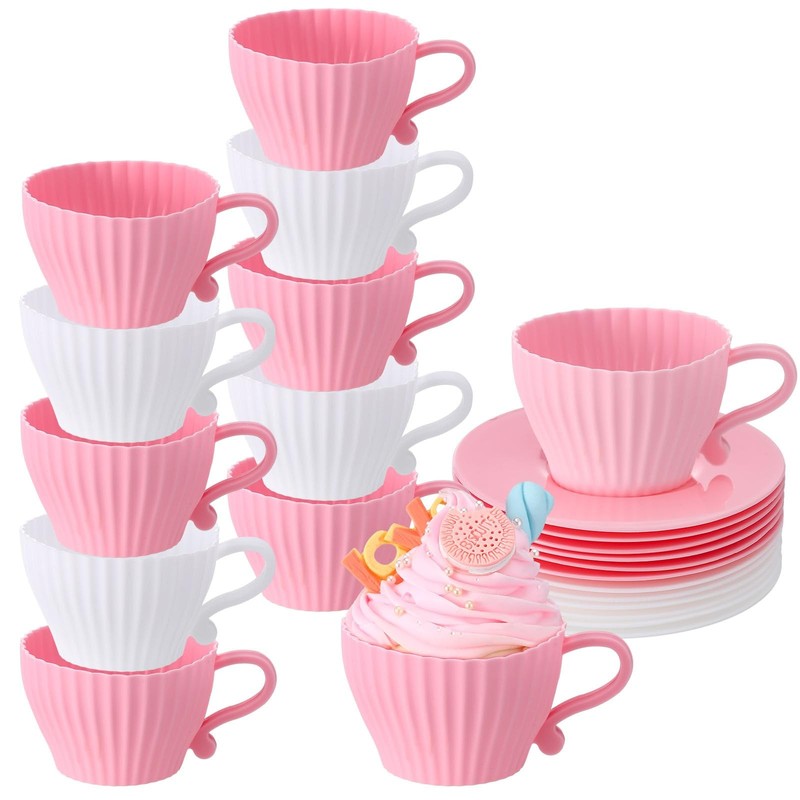 24 PCS Silicone Teacup Cupcake Molds Muffin Cups Liners 12 Saucers White Pink