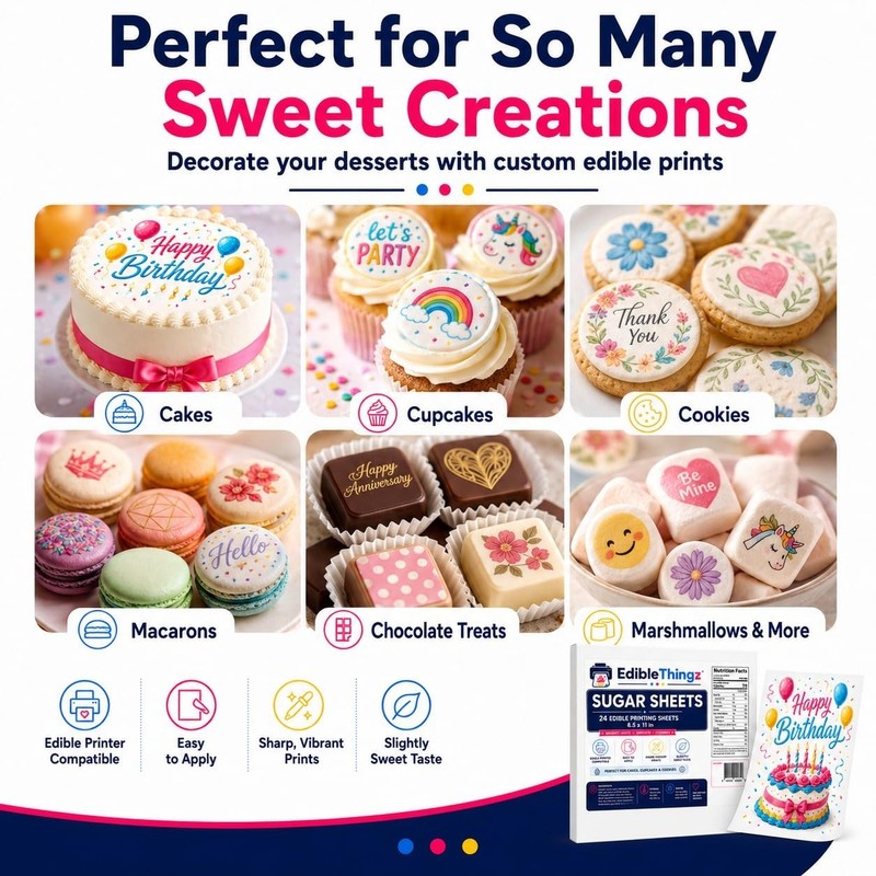 24 Pack 8.5x11 Edible Sugar Sheets - Perfect for Cake Decorations and Images gallery