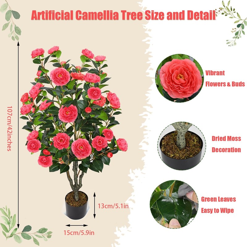 Htvshee 2 Pack 42 Fake Tree Rose Pink Artificial Camellia Tree 36 Blooming gallery